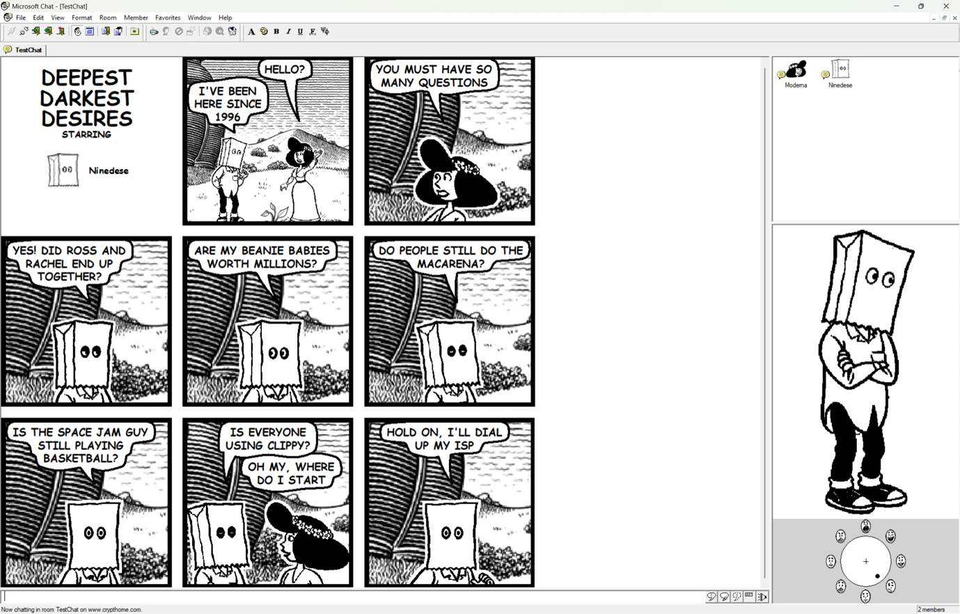 Microsoft Comic Chat running with characters Ninedese and Modema in a time-travel IRC conversation